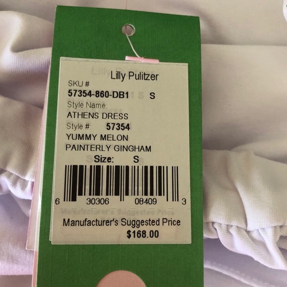 Lilly Pulitzer Yummy Melon Painterly Gingham Dress Sz Small. NWT. Strapless. - Picture 4 of 8